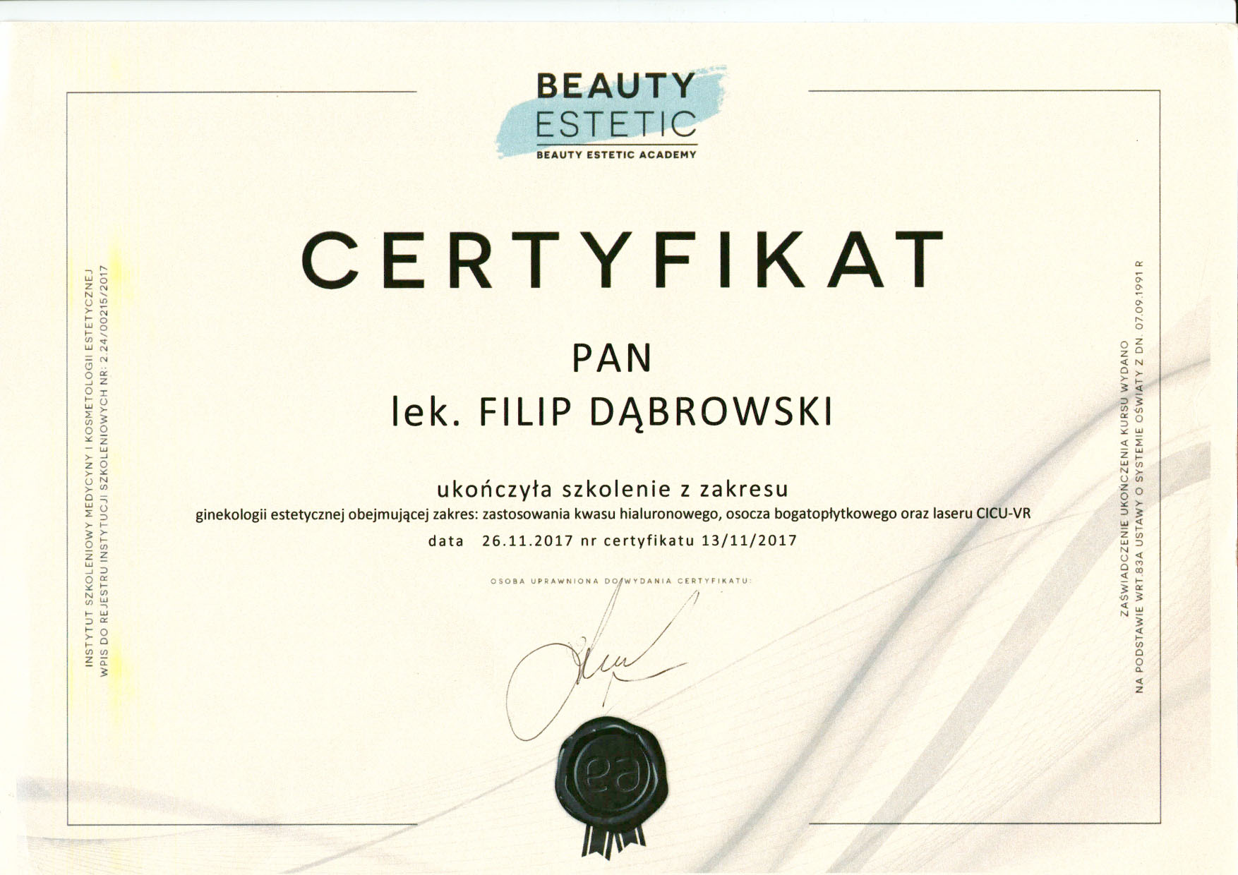 Dr F. Dabrowski - Dyplom ginekologii estetycznej (kwas i osocze).jpg